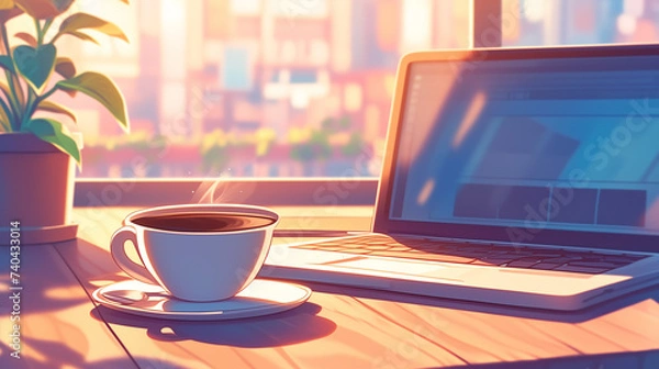 Obraz 窓際のテーブルに置いてあるノートパソコンとコップ　フリーランス　副業