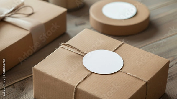 Obraz Round sticker mockup on gift box.