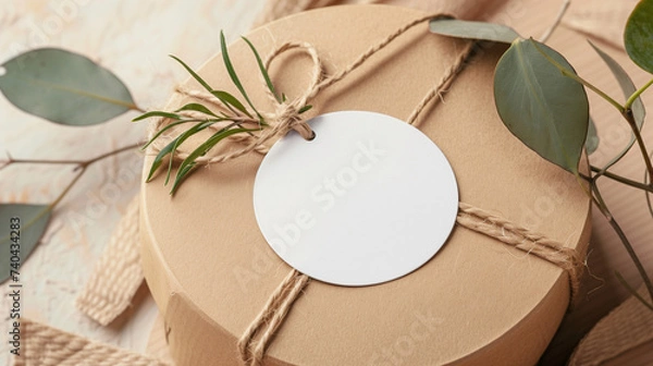 Obraz Round sticker mockup on gift box.
