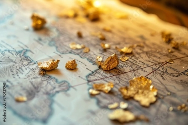 Obraz Natural gold nuggets displayed on a map with mining pan, symbolizing the search for wealth and the adventure of gold prospecting.