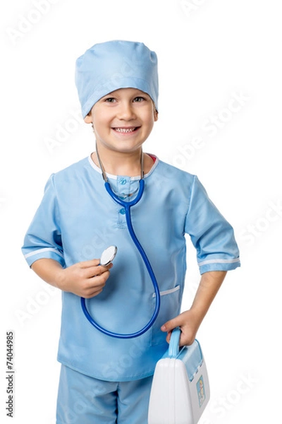 Obraz Boy with stethoscope playing in a doctor, isolated on white