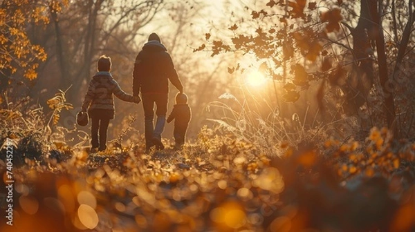 Fototapeta Family Silhouetted Against Sunset on Hike, Silhouette of a family walking hand in hand through a field with wildflowers, with a vibrant sunset in the background. ai