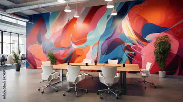 Fototapeta A simple office space with minimalist desks, ergonomic chairs, and a feature wall with a bold, colorful mural.
