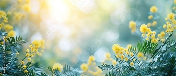Obraz Beautiful green leaves and blooming mimosa trees in a spring park on a bright sunny day. Natural colorful background, banner with copy space. Generated AI