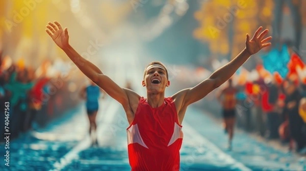 Fototapeta red-shirted athlete with arms raised in triumph crossing the finish line. atmosphere of a sporting event.