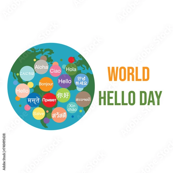 Fototapeta Holiday November 21 - World hello day. Card with speech bubbles with word Hello on different languages. Flat vector illustration. 

