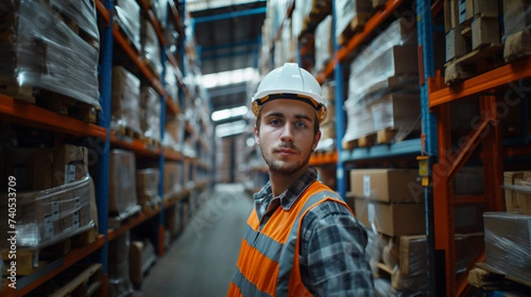 Fototapeta Portrait of a warehouse worker against the background of shelves with boxes. Warehouse employee wearing a helmet and safety vest. The man looks at the camera. AI generative