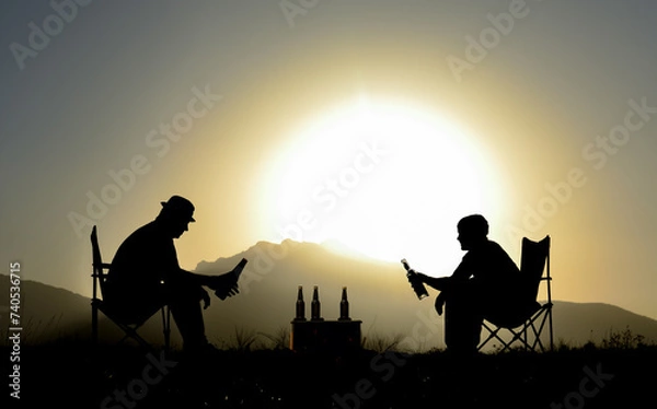 Fototapeta Tables and views of two friends chatting while drinking at sunset