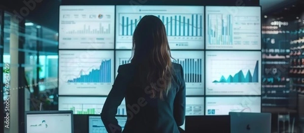 Fototapeta Businesswoman present use big screen to show data analysis in meeting room office. AI generated