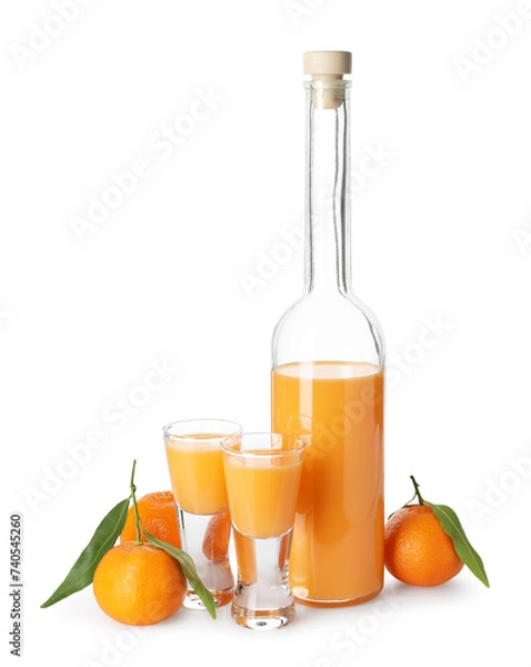 Obraz Tasty tangerine liqueur and fresh fruits isolated on white