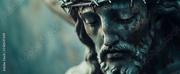 Fototapeta Close-up of a Jesus Christ statue with a crown of thorns, conveying sorrow and sacrifice with a serene expression Ideal for religious themes, banner format with ample copy space