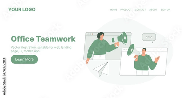Fototapeta Office Teamwork. Web Landing Page Design. Flat Cartoon Vector Illustration. Vector illustration, suitable for web landing page, ui, mobile app.