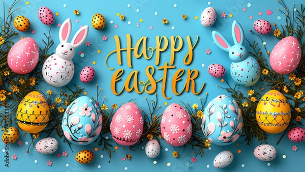 Obraz Easter background with Easter eggs and spring flowers.