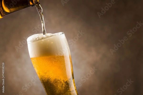 Obraz Pouring lager beer into glass with foam on dark background.