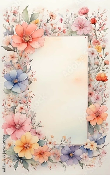 Fototapeta watercolor illustration of a large space for a note with small white and colorful tiny flowers, on the left side on a soft pastel background with a hint of floral pattern