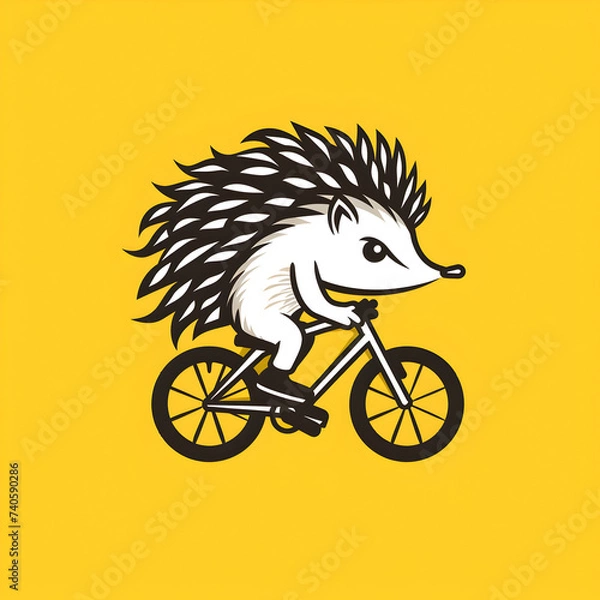 Obraz A logo illustration of a hedgehog riding a bicycle on yellow background.