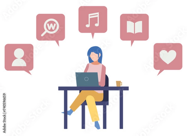 Fototapeta ラップトップを使う女性　人物フラットイラスト　在宅ワーク　吹き出しシンボル