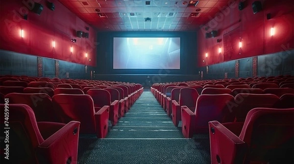 Fototapeta Inside movie theater, movie projection, movie screen, red seats. Generative AI.