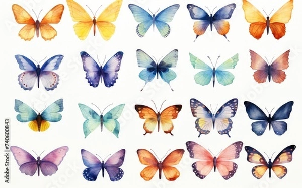 Obraz Watercolor Whimsy: A Delicate Dance of Diverse Butterflies, Generative AI