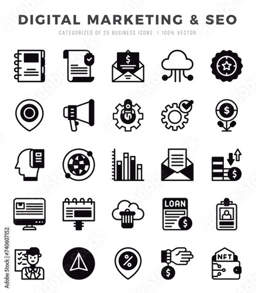 Fototapeta Collection of Digital Marketing & SEO 25 Lineal Filled Icons Pack.