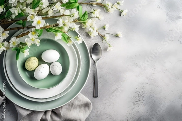 Fototapeta Easter eggs on a plate at a festive Easter table.