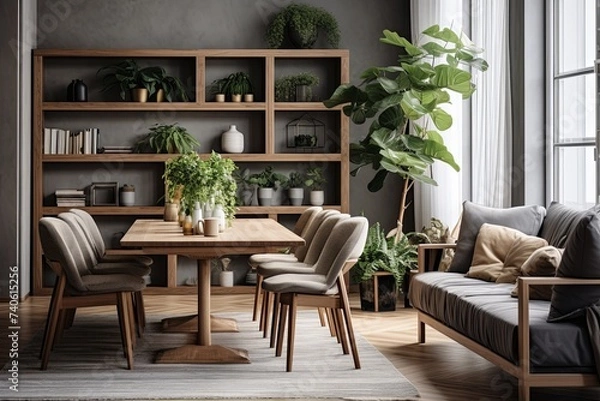 Fototapeta Nordic Harmony: Wooden Dining Table and Indoor Plant Oasis