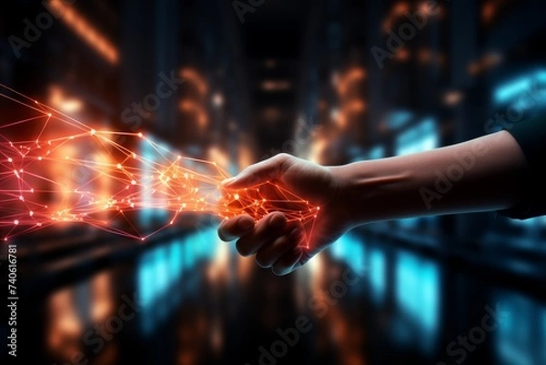 Fototapeta a rainbowcolored wire frame depicts a handshake it is placed on a background of white numbers running forward in a dynamic sequence