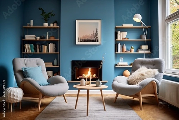 Fototapeta Blue Walls and Cozy Armchairs: Scandinavian Mid-century Living Spaces