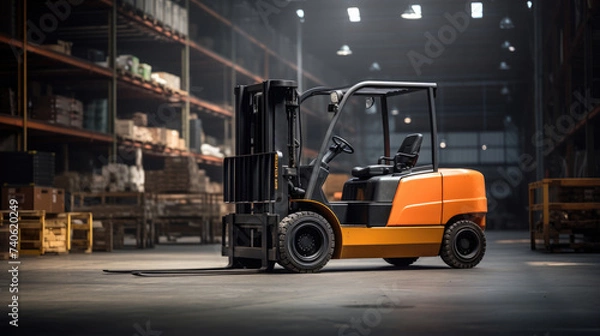 Fototapeta Forklift Ready for Cargo in Spacious Warehouse