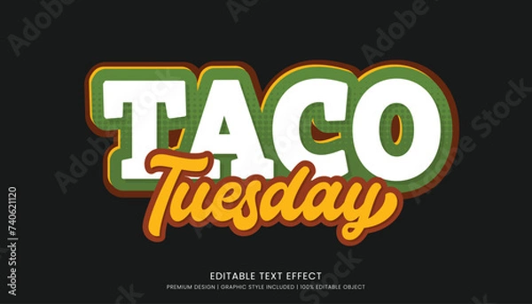 Fototapeta taco tuesday mexican food editable 3d text effect template bold typography and abstract style, food logo and fast food brand