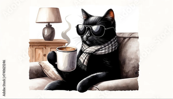 Obraz black cat drinks a coffee