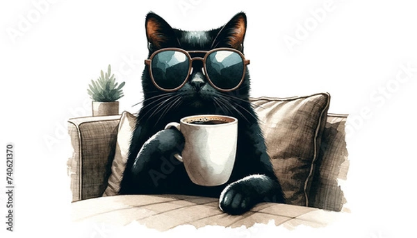 Obraz black cat drinks a coffee