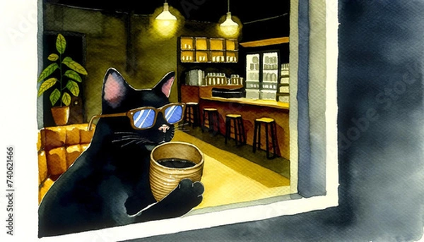 Obraz black cat in midnight cafe