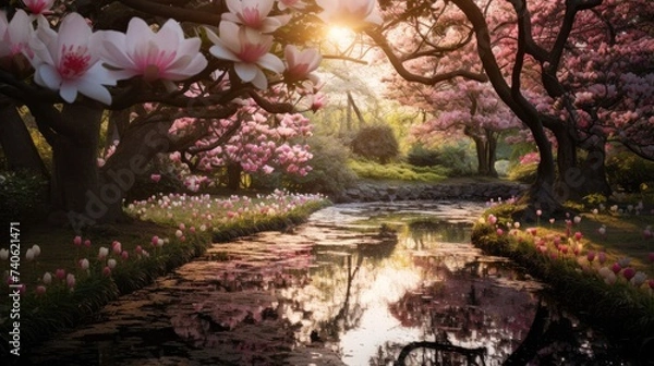 Fototapeta A beautiful spring landscape with blooming rose trees in the garden or in the forest. Beauty is in nature.
