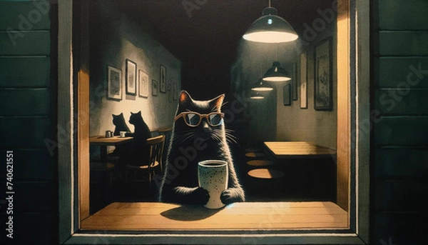 Obraz black cat in midnight cafe