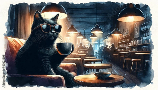 Obraz black cat in midnight cafe