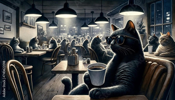 Obraz black cat in midnight cafe