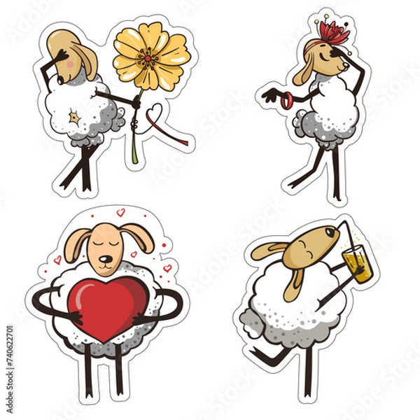 Fototapeta Set of stickers cartoon animal character. Sheep lovers. Emotion v day concept. 
