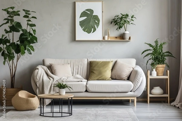 Fototapeta White Sofa Mid-Century Room: Nordic Coffee Table and Green Plants D�cor