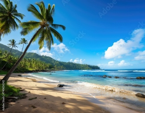 Fototapeta A tropical beach with palm trees and blue water. Generative AI.