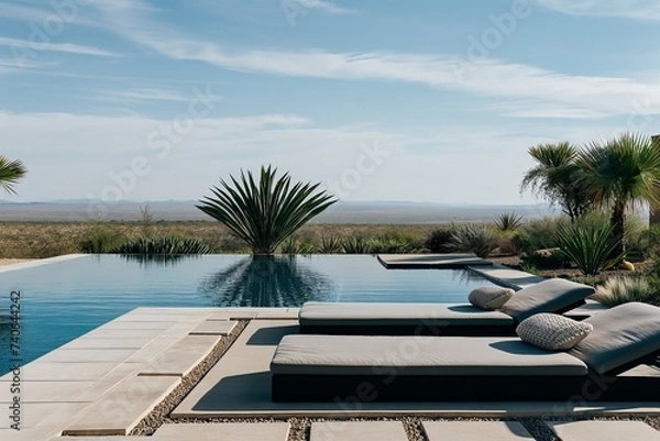 Fototapeta modern paradise infiniate pool with perfect comfortable sun loungers