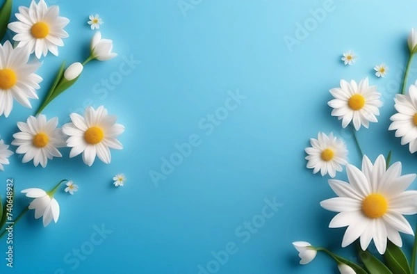Fototapeta Top view image of white and blue dry flowers over pastel background .Flat lay