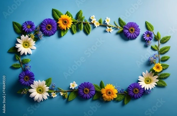 Fototapeta Top view image of white and blue dry flowers over pastel background .Flat lay