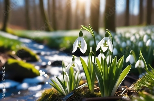 Fototapeta Close up view of small fresh snowdrops flowers growing among dry leaves in forest. First spring plants in woods.