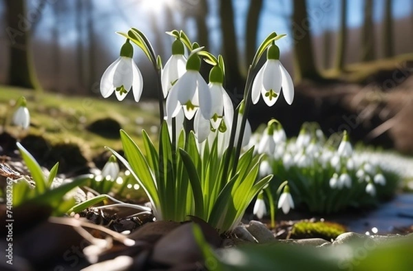 Fototapeta Close up view of small fresh snowdrops flowers growing among dry leaves in forest. First spring plants in woods.
