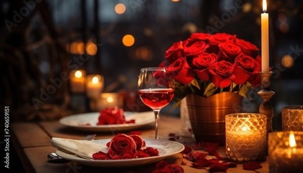 Fototapeta a romantic dinner set for two with red roses