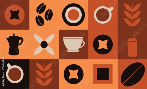 Fototapeta Geometric pattern coffee design. Seamless pattern for banner packaging card flyer poster cover. Texture for coffee packaging. Vector drawing design elements.