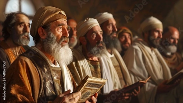 Obraz Jewish priests of God worshiping in the synagogue in the city of Jerusalem Generative AI Illustration
