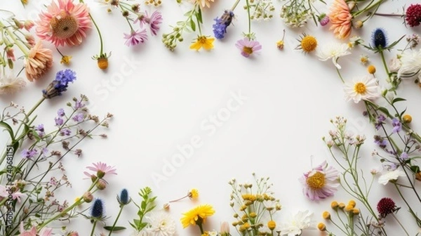 Fototapeta wild flowers on a white background with space for text.