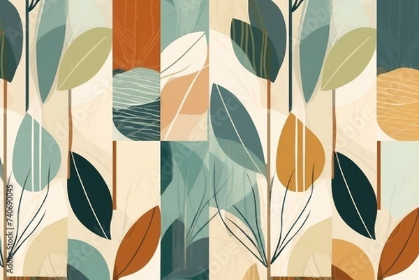 Fototapeta Spring abstract backgrounds with flowers, green branches, seamless pattern with leaves